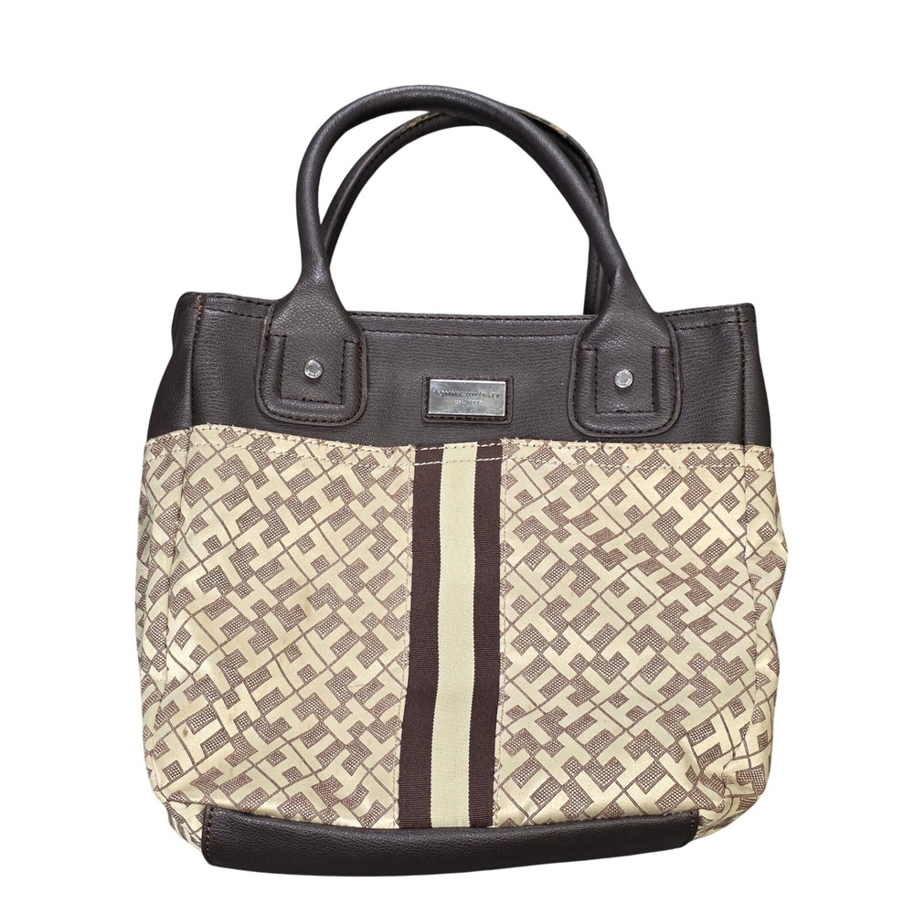 Tommy Hilfiger Monogram Tote Bag Womens Brown Tan Jacquard Racing Stripe Satchel